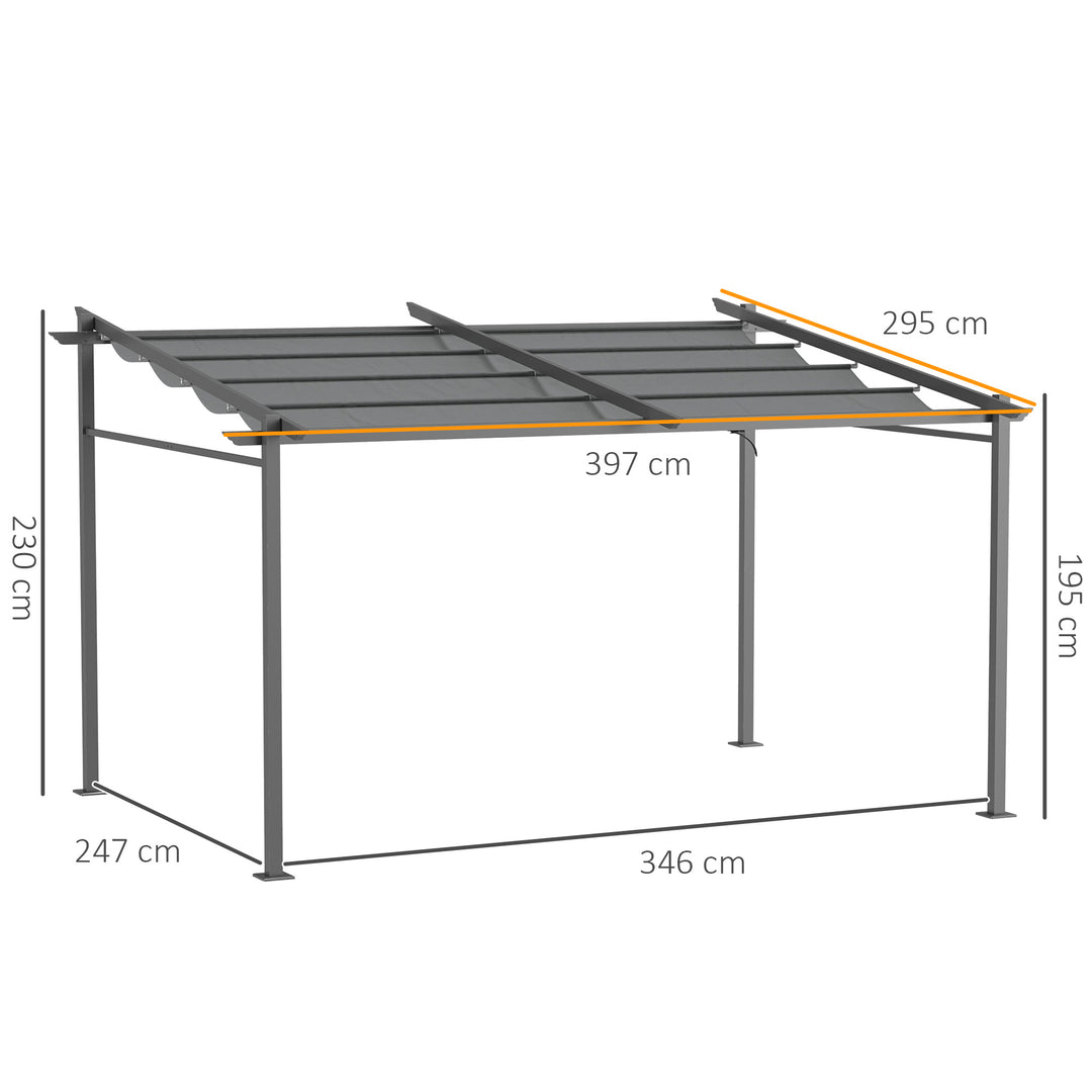 Pergola, inklusive monteringsbeslag, udtrækkeligt tag, 3,97 m x 2,95 m x 2,3 m, mørkegrå