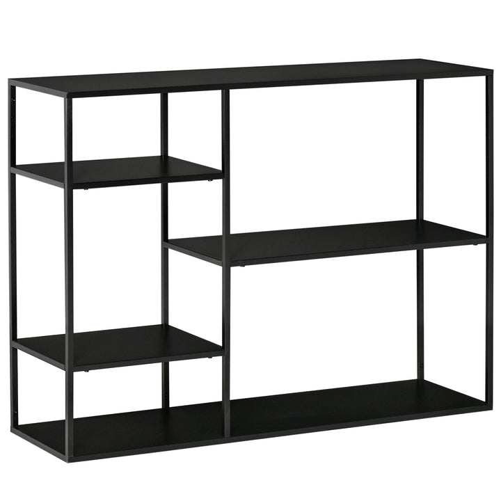Fritstående reol med 5 åbne rum, opbevaringshylde med metalramme, kubeformet hylde til køkken, stue, sort, 120 x 35 x 87,5 cm