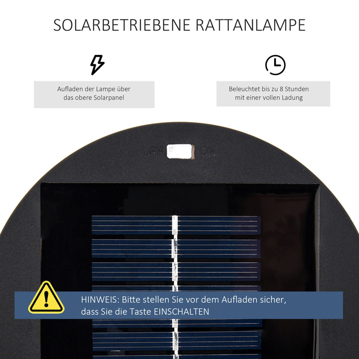 Havelampe, udendørslampe, solcelledrevet, 8 timers drift, rottinglook, sort, 21,5 x 21,5 x 61 cm