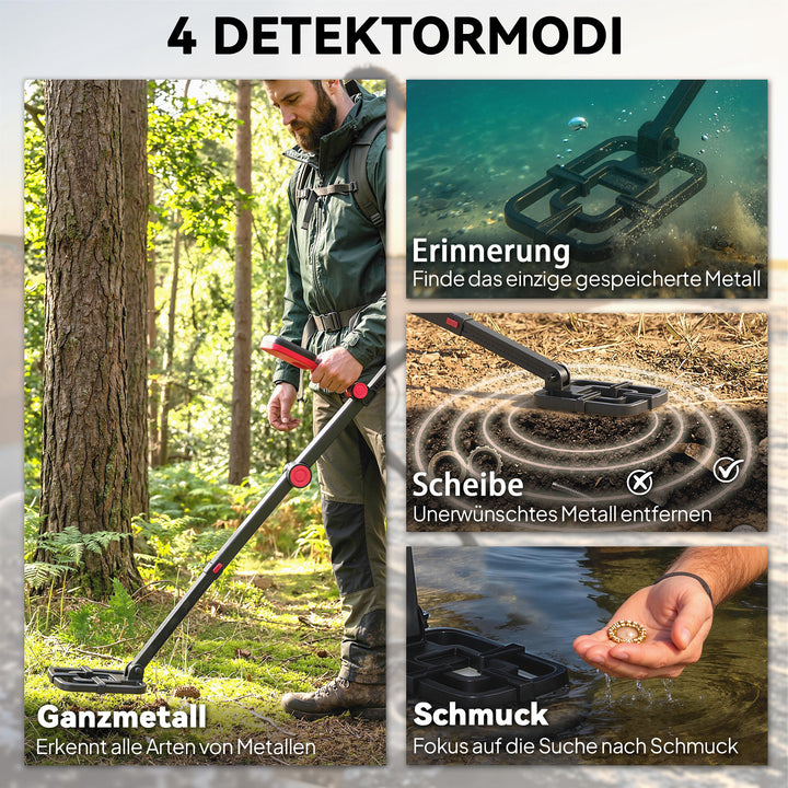 IP68 Vandtæt Sammenklappelig Metaldetektor med 4 Funktioner, Hovedtelefoner, Skovl, Bæretaske og LCD-Skærm