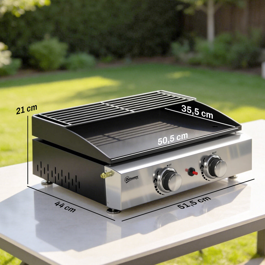 5 kW gasgrill, bærbar bordgrill med 2 brændere, keramisk belægning, grillrist, varmeplade