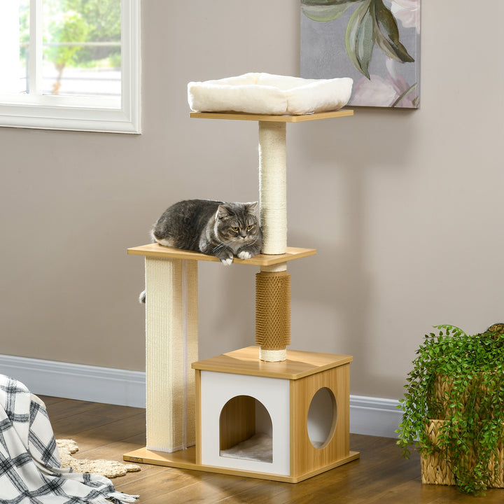 Kradsetræ med kattehule, 1 katteseng, 1 liggeflade, 59,5 cm x 39,5 cm x 114 cm, brun + hvid