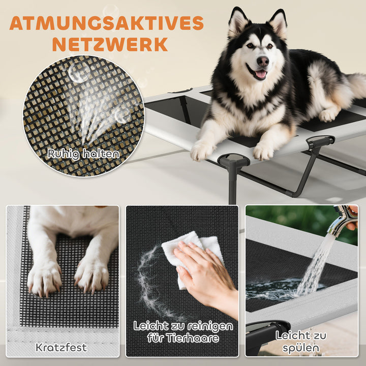 Udendørs hundeseng med tag, hævet hundeseng til ekstra store hunde, med stålramme, 122x92x94cm, lysegrå