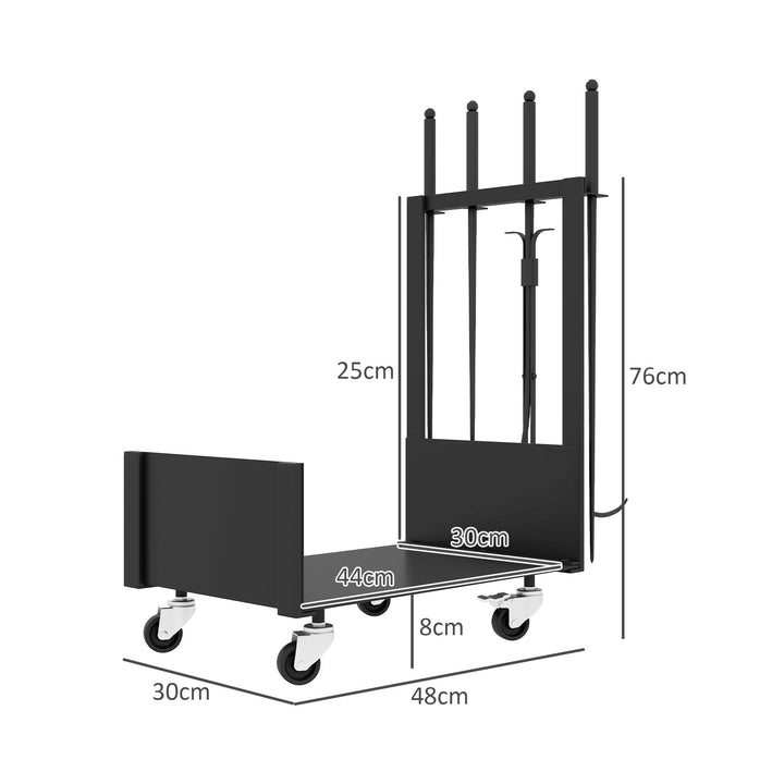 Brændehylde med hjul, meget tilbehør, metalramme, op til 60 kg, 48 x 30 x 76 cm, sort