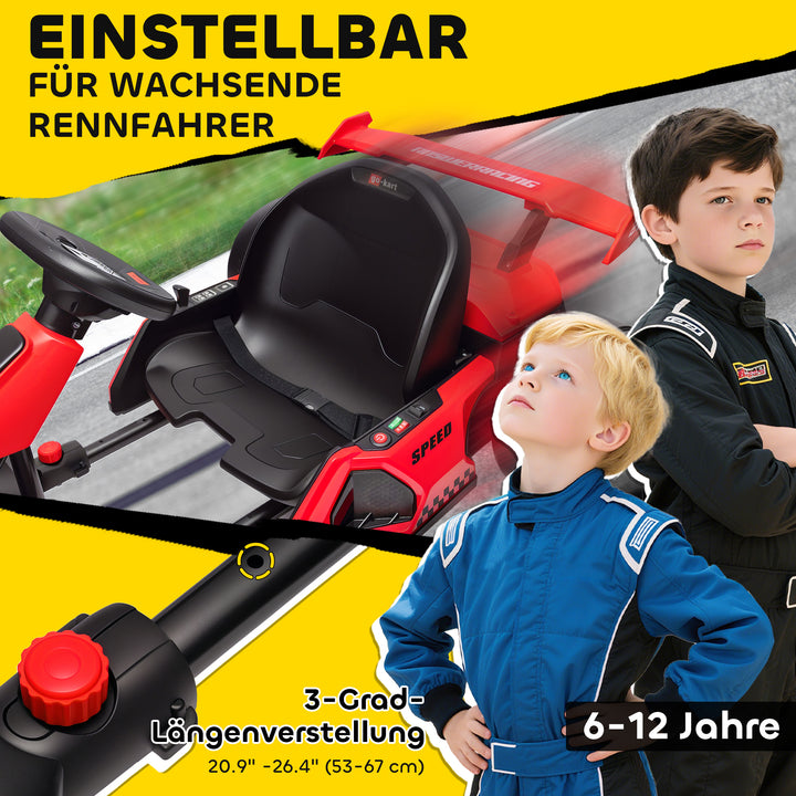 Gokart til børn, elektrisk kart med horn og musikfunktion, justerbart sæde, op til 12 km/t, plastik, metal, rød