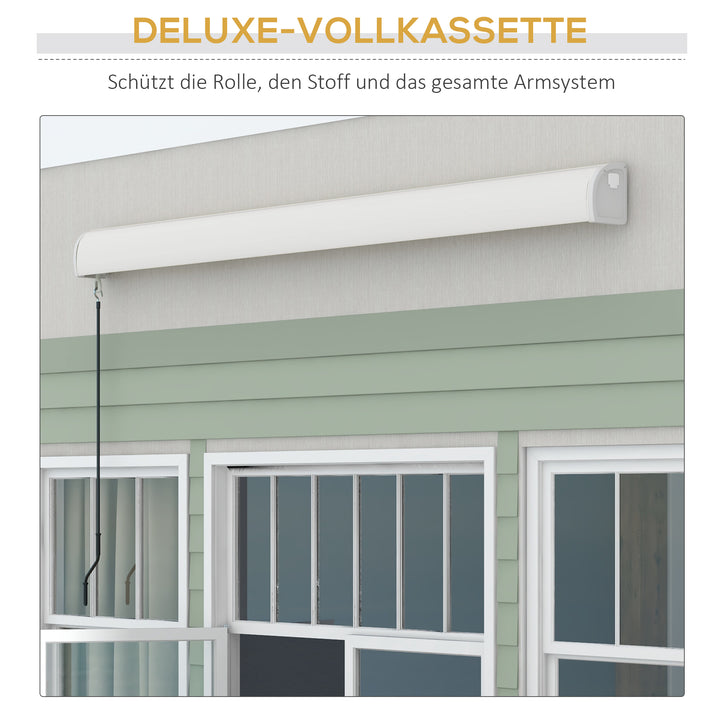Markise, elektrisk/manuelt udtrækkelig, fuld kassette, fjernbetjening, aluminiumsramme, 3 x 2,5 m, lysegrå