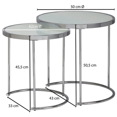Designer sideborde, sæt med 2, rundt 50/42 cm, hvid og sølv med glasplade