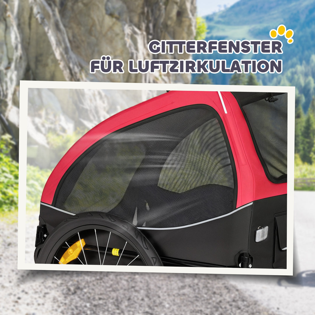 Sammenklappelig hundetrailer med reflekser, netvindue, hjul, dør, sikkerhedsflag til hunde op til 20 kg, 138x70x89 cm, rød