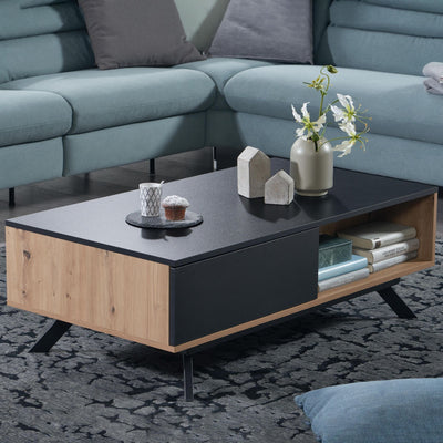 Sofabord med skuffer, naturfarvet eg og sort, japandi-look, 110x60x38 cm