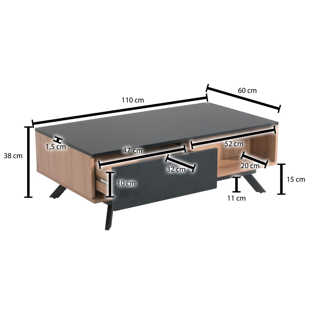 Sofabord med skuffer, naturfarvet eg og sort, japandi-look, 110x60x38 cm