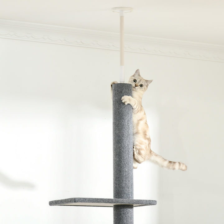 Kradsetræ lofthøjde, 228-260 cm højdejusterbart kradsetræ klatretræ til katte med 3 niveauer, kradsetræ til katte, legetræ fra gulv til loft grå