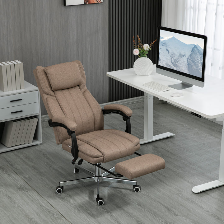 Kontorstol med massagefunktion, ryglæn med justerbar ryglæn, udtrækkelig fodstøtte, linnedlook, 65 x 61 x 118 cm, brun