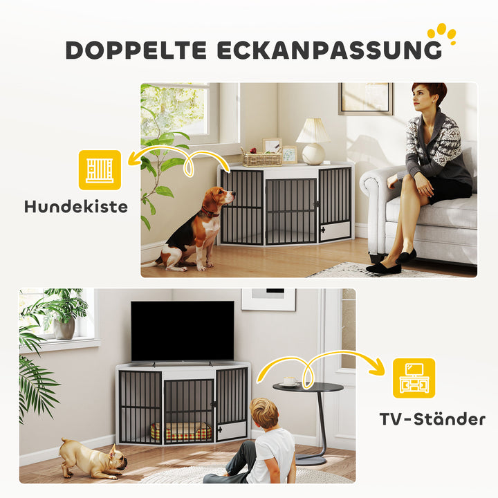 Hundebur, hundegård til små og mellemstore hunde, kæledyrsbur, foderlåge, MDF, metal, hvid