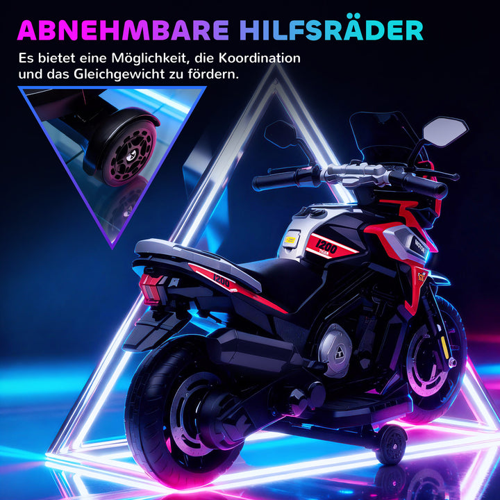 Elmotorcykel til børn i alderen 18-36 måneder, kørekøretøj, støttehjul, lys, musik, plastik, stål, rød