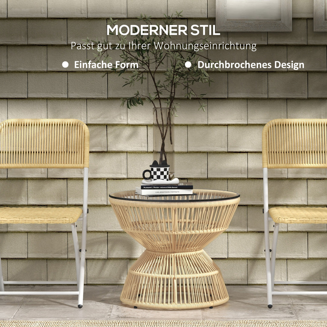 Udendørs sidebord, havebord, rattan sidebord, glasplade, PE-rattan, 60 cm x 60 cm x 50 cm, naturlig