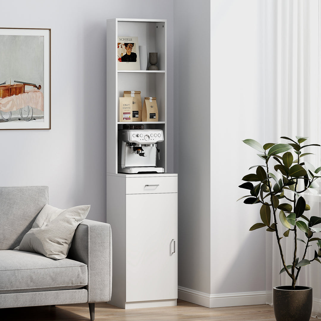 Højt badeværelsesskab, slankt design, skuffe, hylder, skab, spånplade, hvid