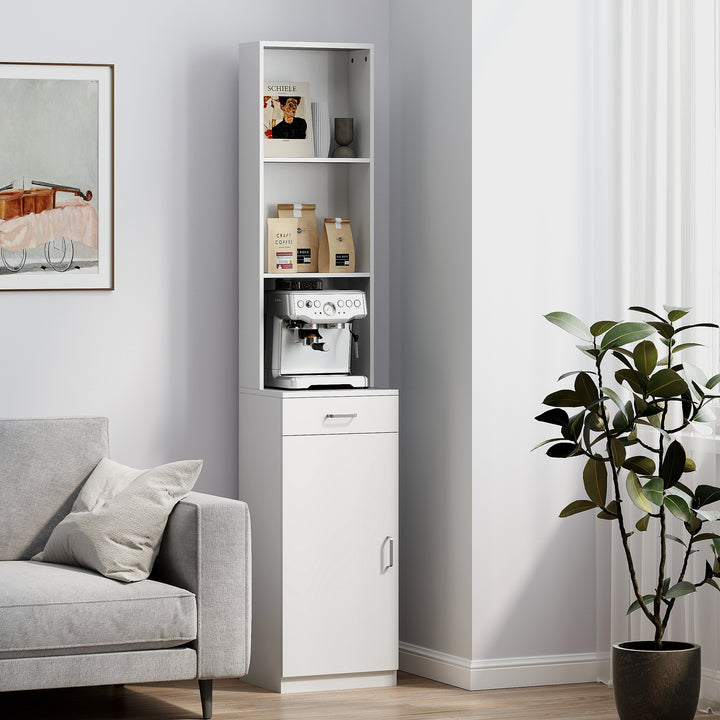 Højt badeværelsesskab, slankt design, skuffe, hylder, skab, spånplade, hvid