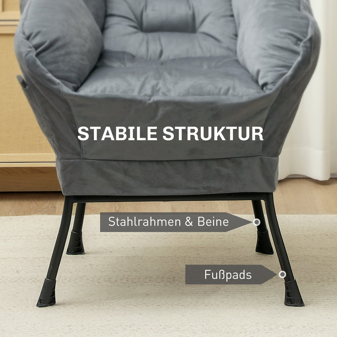 Moderne accentstol, polstret stol med stålben og sidelommer, til stue, soveværelse, grå