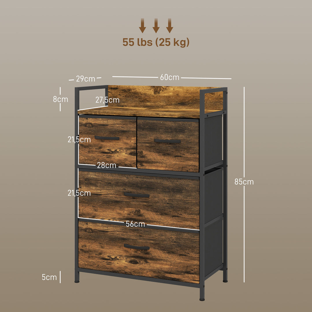 Kommode, skænk, 4 stofskuffer, industrielt design, 60x29x85cm, brun/sort