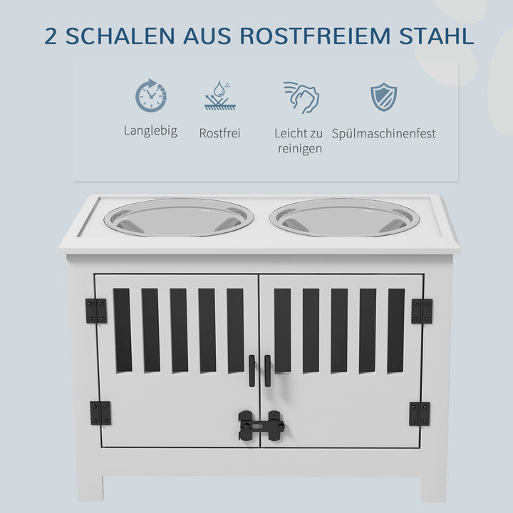 Forhøjet foderstation til store hunde, 2 rustfri stålskåle, opbevaringsplads, 35,5 x 60 x 30 cm, hvid