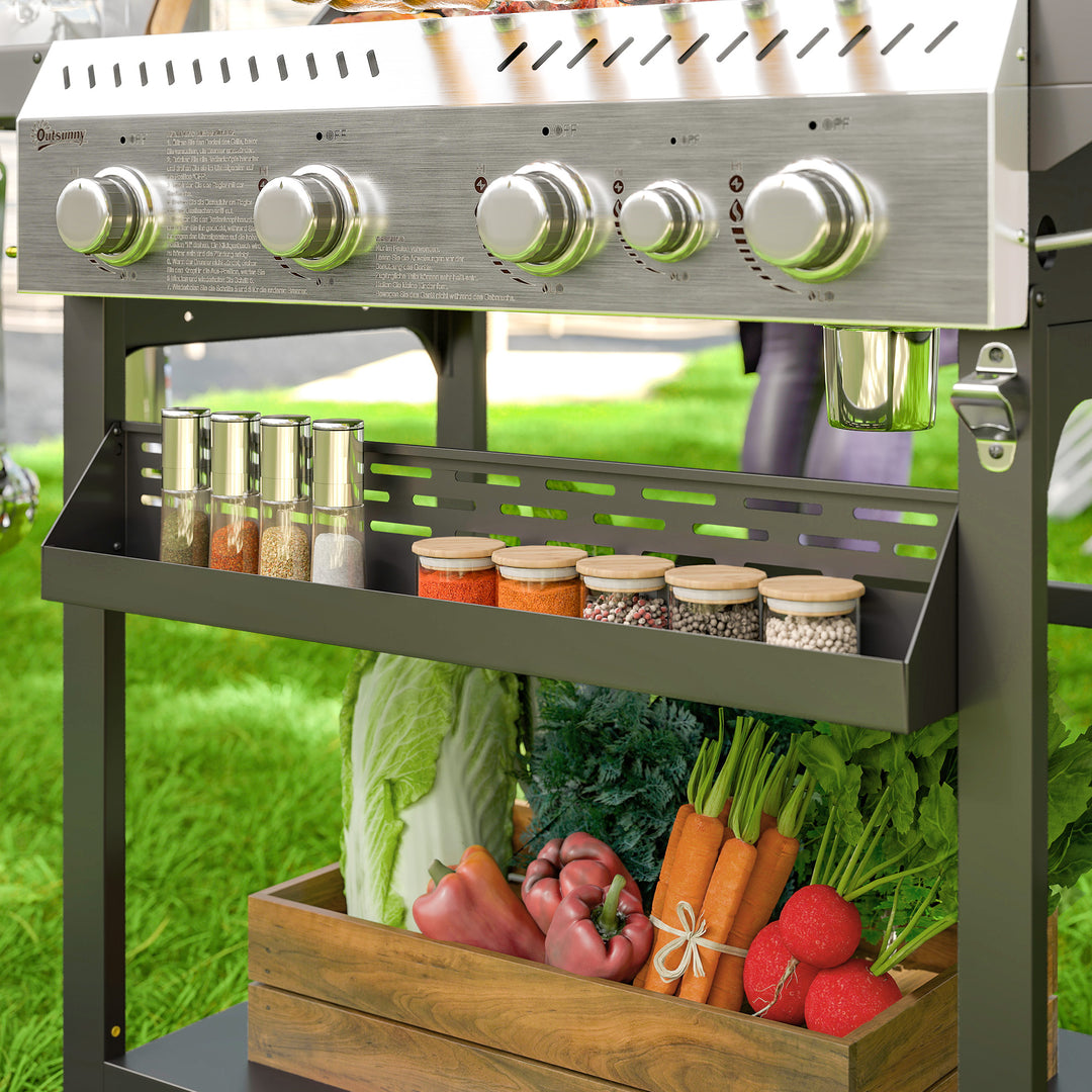 Gasgrill, BBQ-grill, 4 hovedbrændere, 1 sidebrænder, 1 varmeplade; 135 x 55 x 103 cm, sort