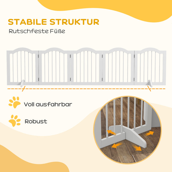 Hundegitter, 5 paneler, foldbar, fleksibel, massivt træ/mdf, 254,5 x 29,5 x 61 cm, hvid