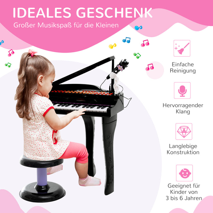 Børnekeyboard med 37 tangenter, skammelklaver med mikrofon, LED-læringstilstand, optagefunktion, klaverinstrument til 3-6-årige børn, sort