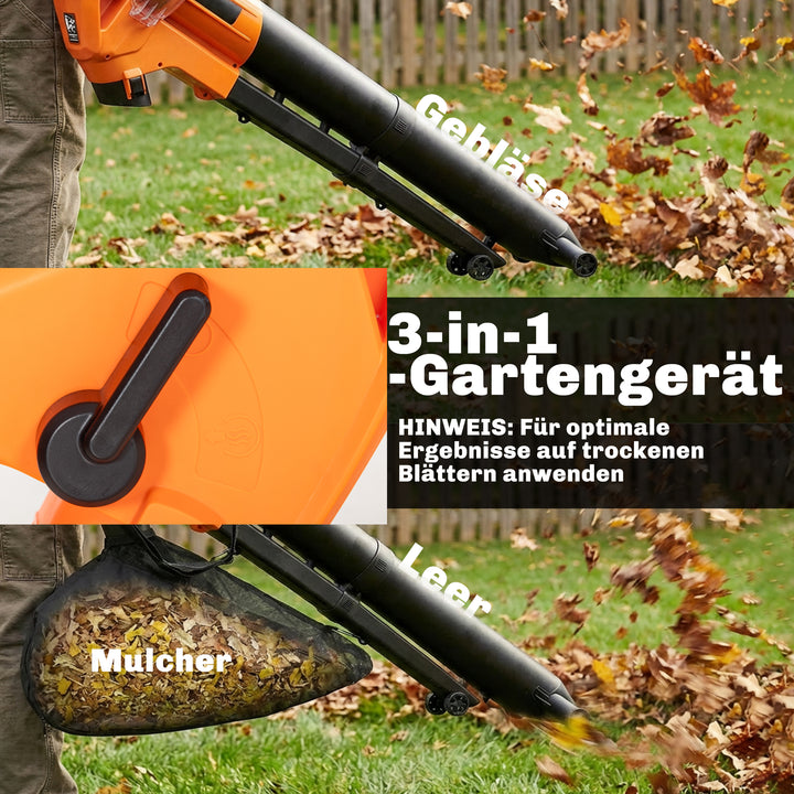 3000W 3-i-1 elektrisk løvblæser og støvsuger med 40L opsamlingspose, 4 hjul, justerbar rem, orange