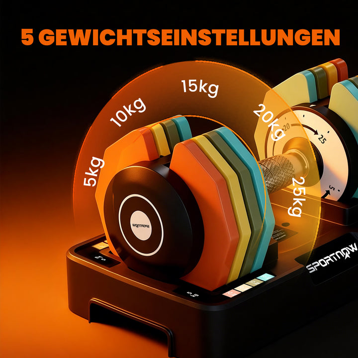 Justerbar håndvægt, 5 kg/10 kg/15 kg/20 kg/25 kg. Pladsbesparende håndvægte med skridsikkert greb.