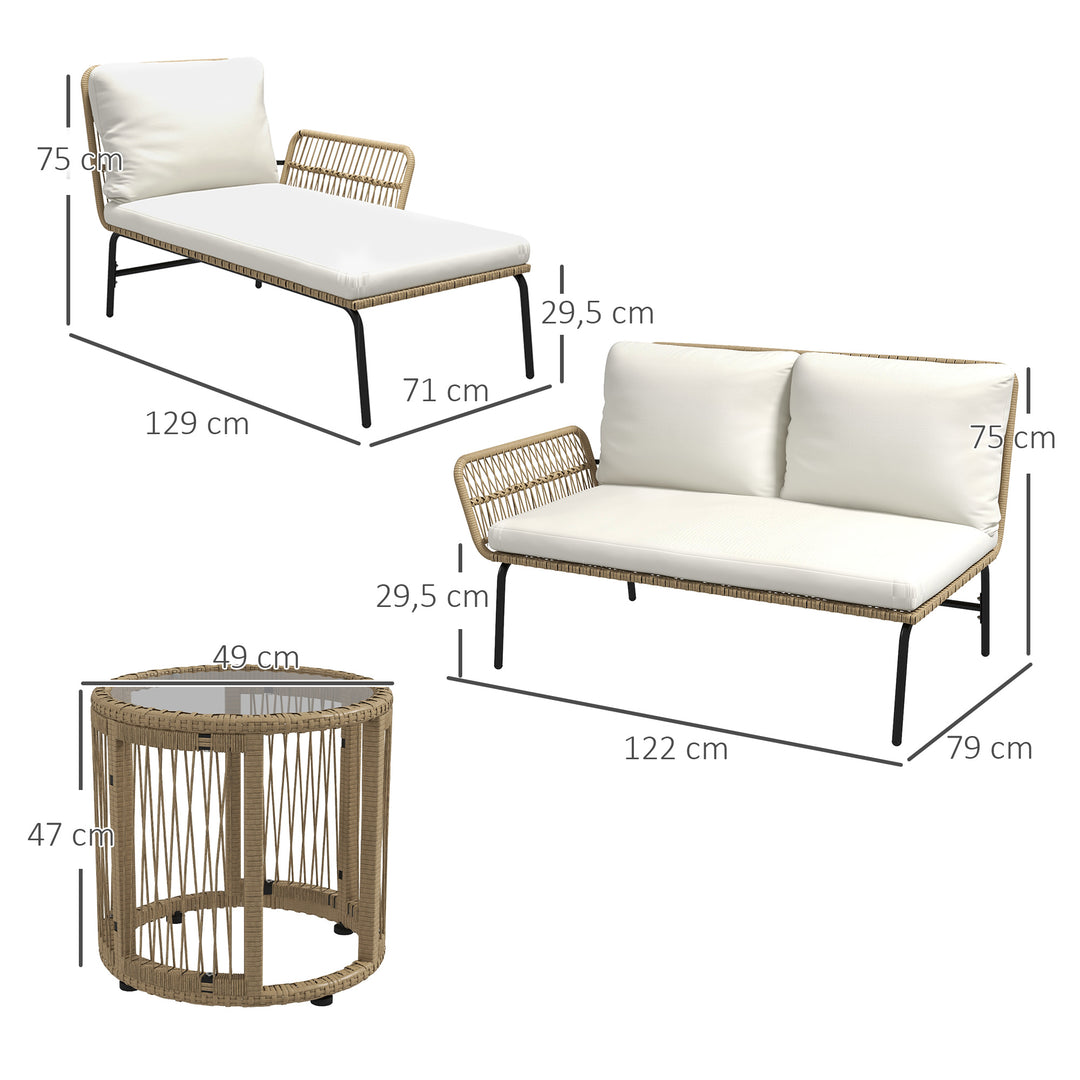 Polyrattan havemøbelsæt, 3 dele, med liggestol, to-personers sofa, aftageligt sofabord, hynder i naturhvid og cremehvid.