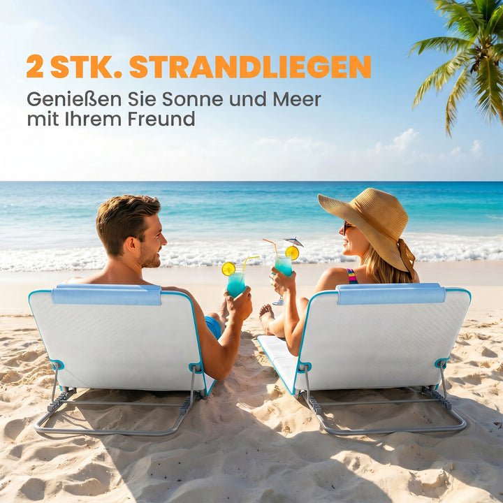 Strandstol, solseng, havestol, foldbar, justerbar ryglæn, sidelomme, 48 cm x 134 cm x 33-43 cm, beige