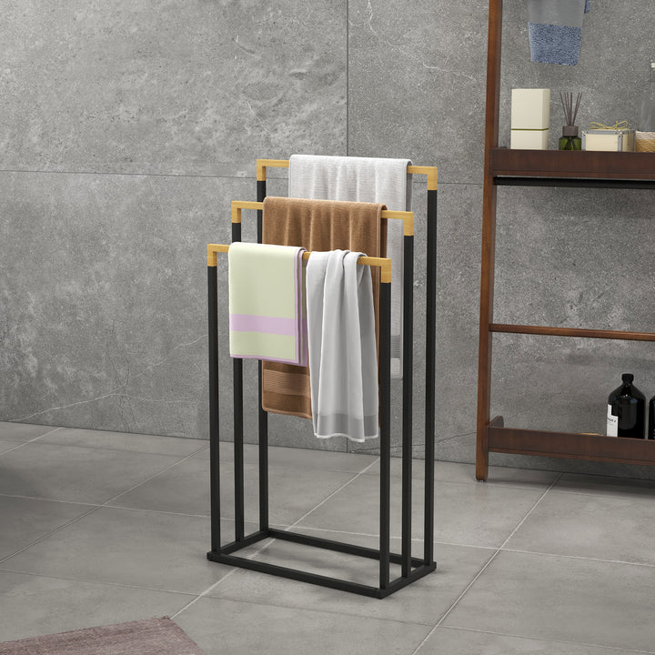 Kleankin håndklædeholder håndklædeholdersæt med 3 håndklædestænger, industrielt design, bambus, 45 x 22,5 x 86 cm, sort + naturlig