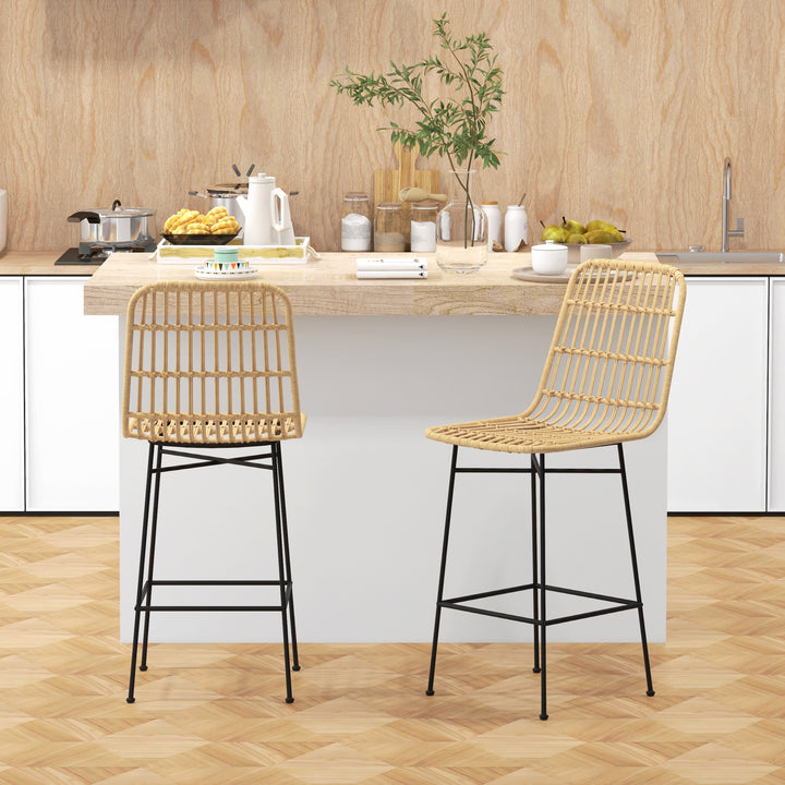 Barstol, boho-stil, pe-rattan, 45 x 53,5 x 105 cm, natur + sort