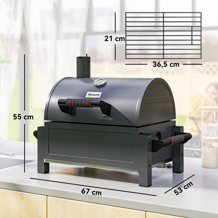 Kulgrill med låg, varmehylde, askeskuffe, termometer, rustfrit stål, 67 x 53 x 55 cm, sort/rød
