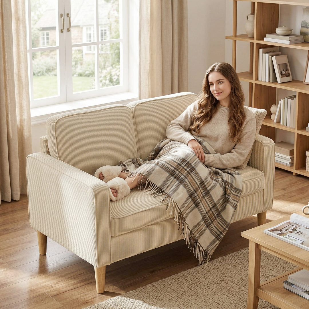 2-personers sofa med 2 puder, opbevaringsplads, ben i massivt træ, lille moderne loveseat, fløjlsbøjle, 117 x 63 x 79 cm, beige