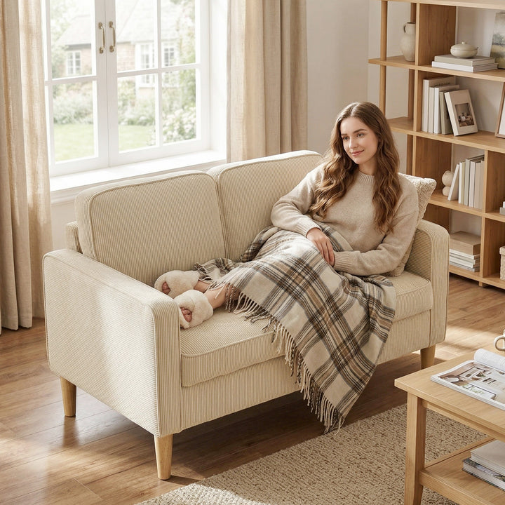 2-personers sofa med 2 puder, opbevaringsplads, ben i massivt træ, lille moderne loveseat, fløjlsbøjle, 117 x 63 x 79 cm, beige