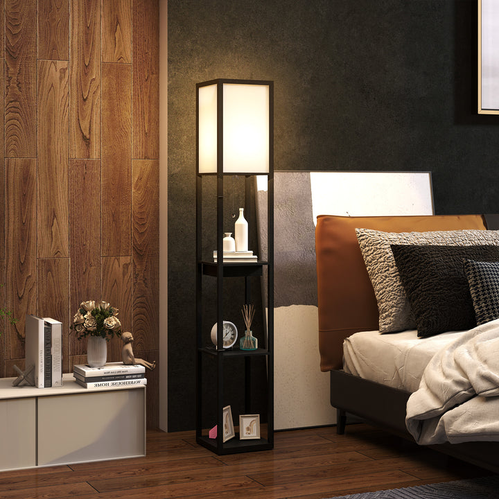 Gulvlampe med 3-lags hylde, fodkontakt, usb-porte, mdf, sort