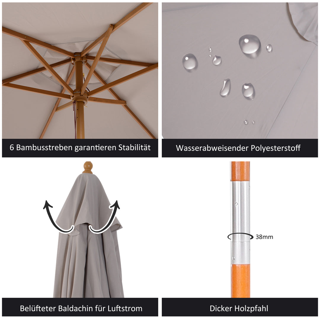 Parasol Ø 250 cm, parasol med rebtrækmekanisme, balkonparasol, strandparasol af bambus, vindtæt, markedsparasol, solskærm til balkon, terrasse, have, grå