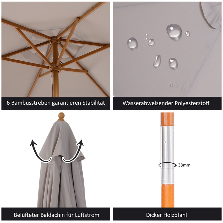 Parasol Ø 250 cm, parasol med rebtrækmekanisme, balkonparasol, strandparasol af bambus, vindtæt, markedsparasol, solskærm til balkon, terrasse, have, grå