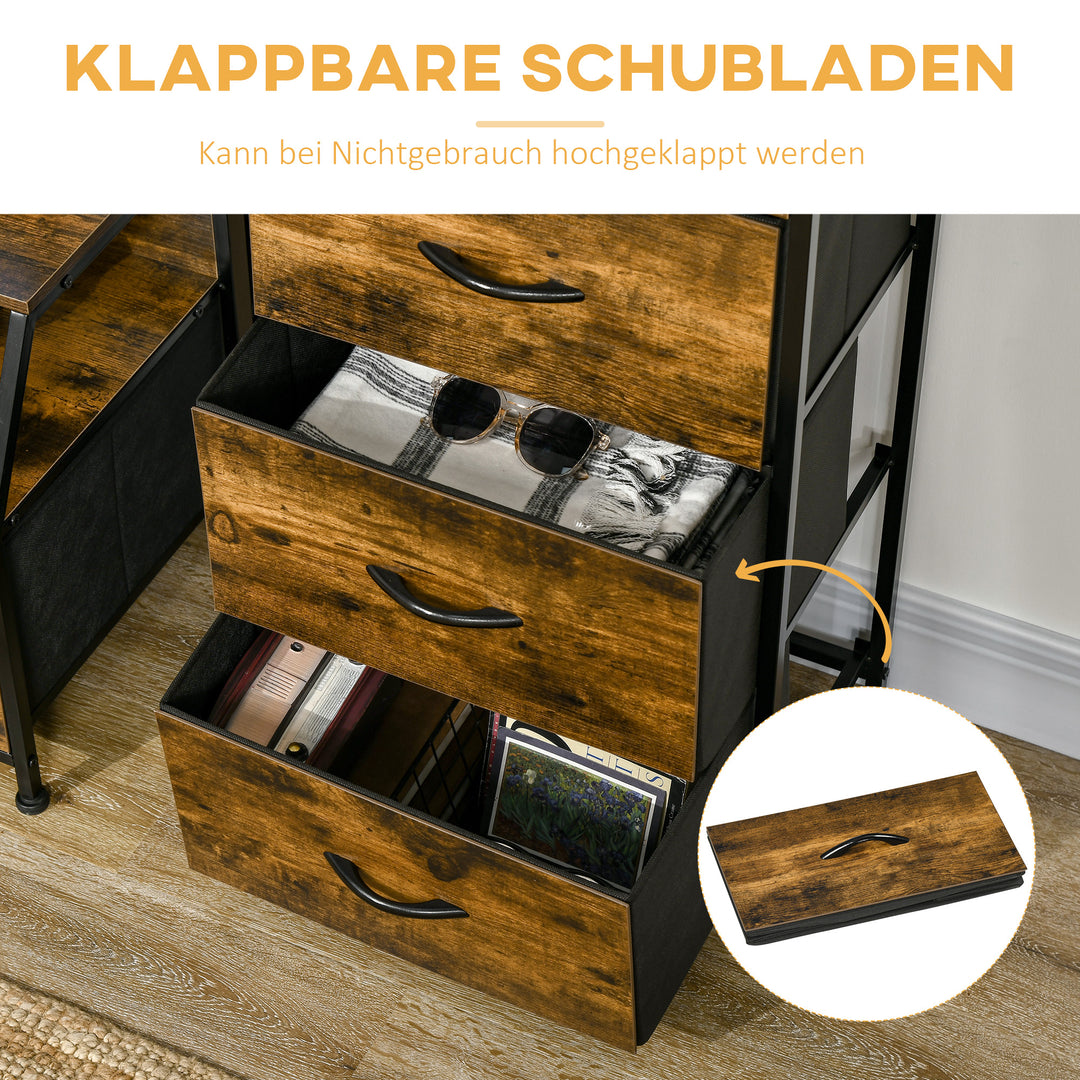 Opbevaringsskab med stofskuffer og mdf-hylder og stålramme, brun