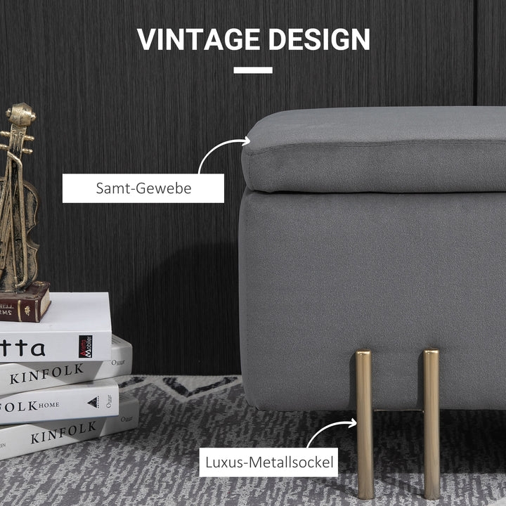 Opbevaringsbænk, polstret bænk med fløjlslook, opbevaringskommode med metalben, kommode til stue, soveværelse, entre, 100 x 40 x 42 cm, mørkegrå