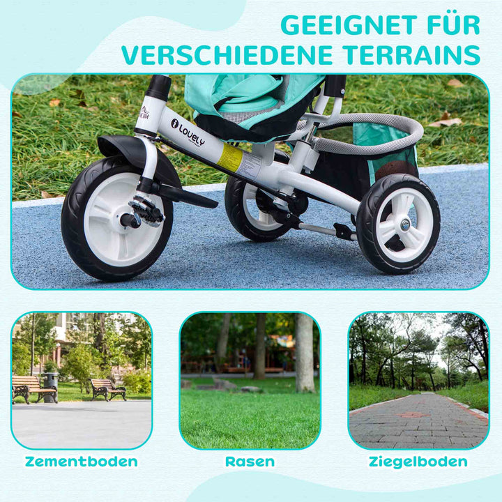 Børnetrehjulet cykel, børnecykel, bagkurv, kopholder, solskærm, metal, grøn