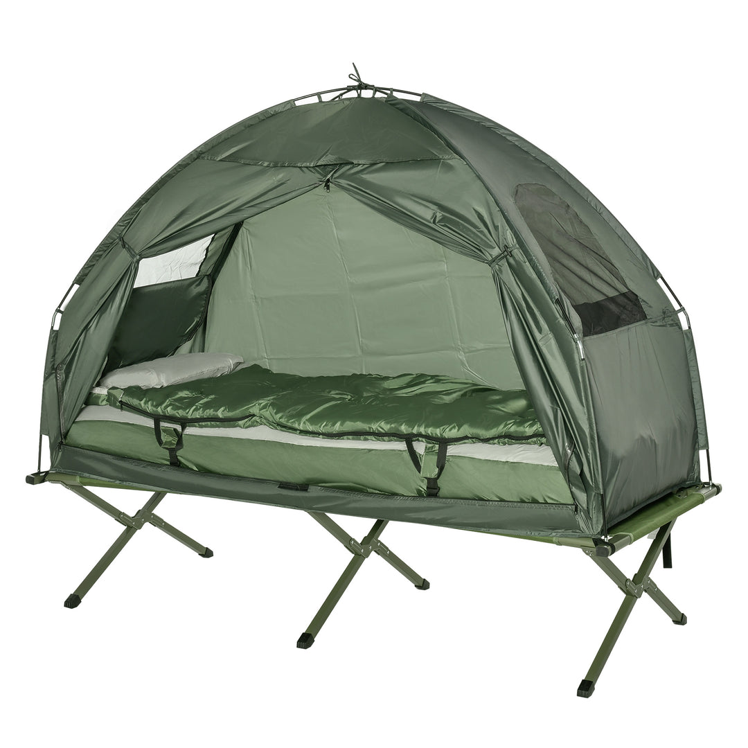 Campingteltsæt med tremmeseng, sovepose og madras, mørkegrøn