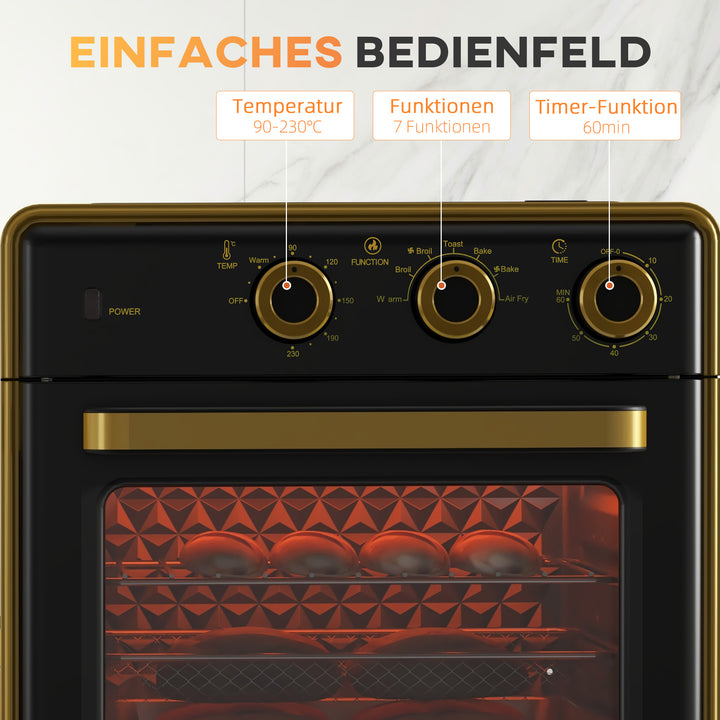 Miniovn, 20 liter, oliefri stegning, grillning, bagning, konvektion, 90-230° c, timer, 1400w, sort+guld