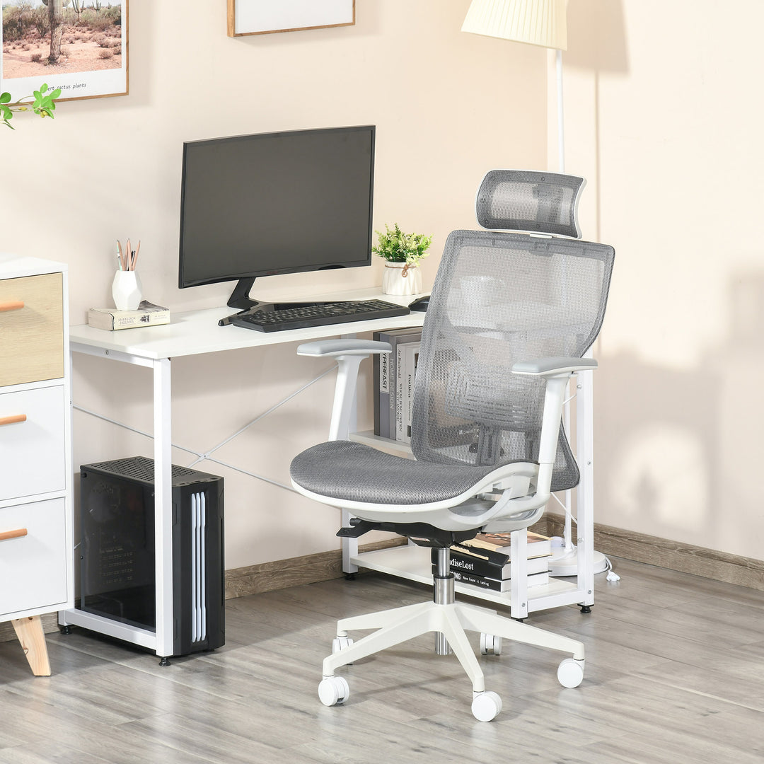 Kontorstol, skrivebordsstol, drejestol, gamingstol med nakkestøtte, lændehynde, 3d-armlæn, 3 niveauer, 360° drejelige hjul, højdejusterbar, ergonomisk, netstof, skum, grå, 67 x 65 x 120-128 cm