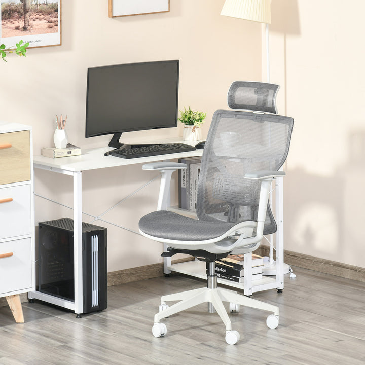 Kontorstol, skrivebordsstol, drejestol, gamingstol med nakkestøtte, lændehynde, 3d-armlæn, 3 niveauer, 360° drejelige hjul, højdejusterbar, ergonomisk, netstof, skum, grå, 67 x 65 x 120-128 cm