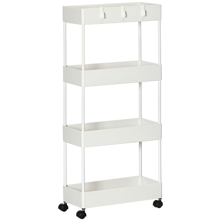 Køkkenvogn med 4 hylder, 4 fleksible kroge, 4 hjul, 40 cm x 19 cm x 90 cm, nichevogn, hvid