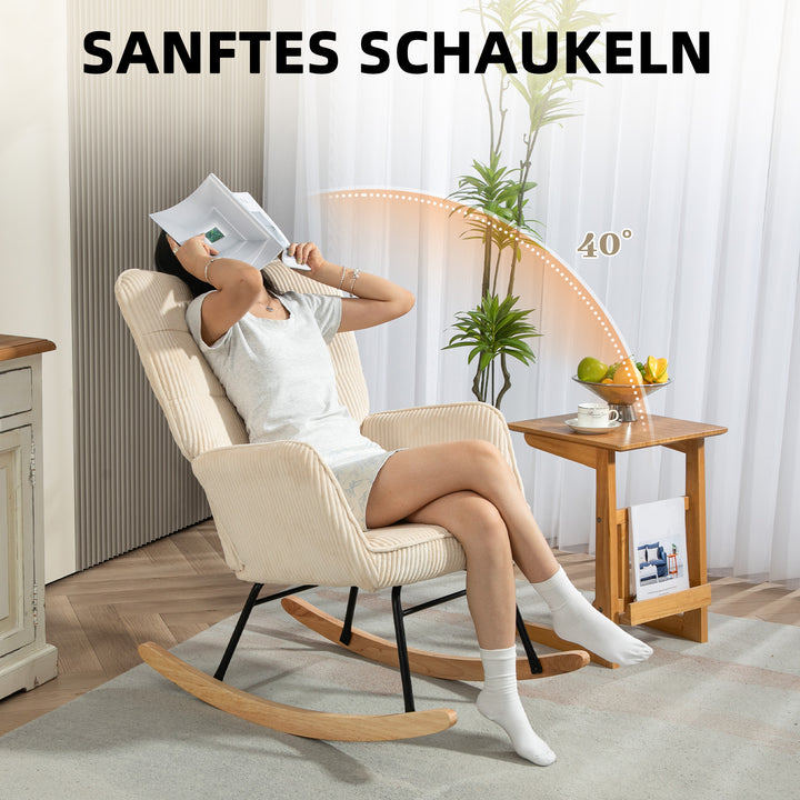 Vintage gyngestol, buede løbere, tykt polstring, bøgetræ og stål, beige