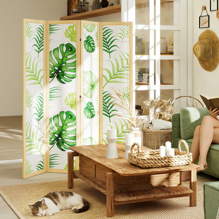 4-delt rumdeler, foldbar, boho design, tropisk motiv, fritstående rumdeler, træramme, grøn