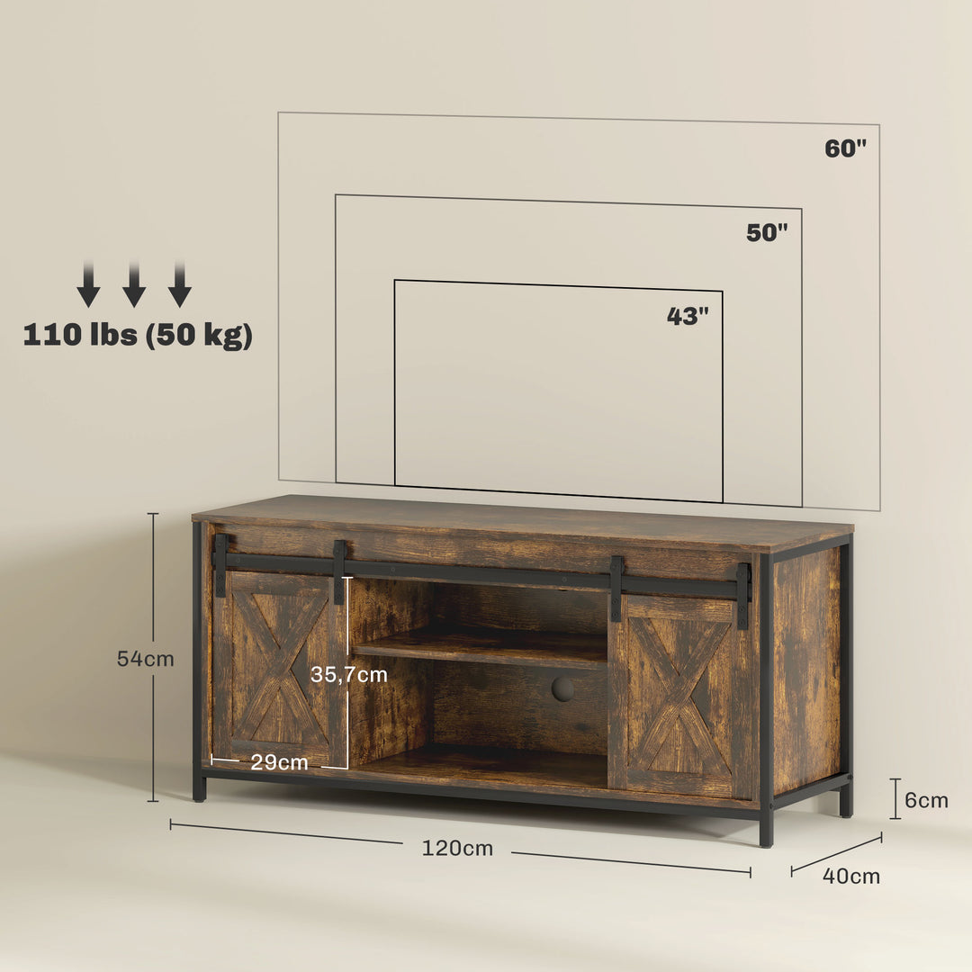 TV-lavbord, industrielt design, til 60" TV, 6 rum, 2 skydelåger, brun/sort